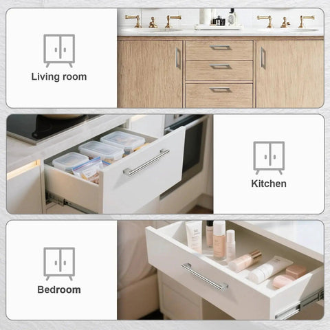 Brushed Nickel Cabinet Pulls Set of 5, 6.25 Inch Hole Spacing demonstrating installation in various home drawers.