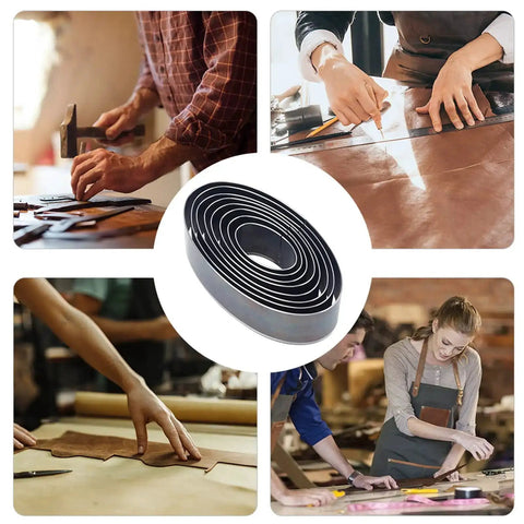 Collage of crafters using Elliptical Leather Punch Tool Set With Cutting Dies for Hole Punching High Carbon Steel DIY Leather Craft Kit.