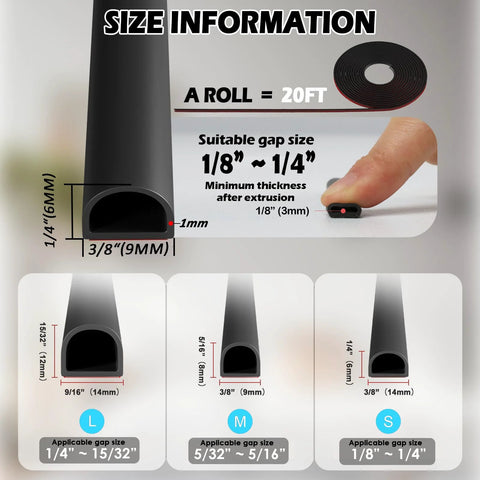 Bantie 20FT self-adhesive silicone D-shaped door weather seal roll, black, with size info and gap range 1/8 inch to 1/4 inch