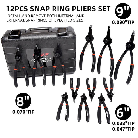 12 Piece Snap Ring Pliers Set For Internal And External Circlips With Straight And Bent Jaw Tips Includes 6 8 And 9 Inch Pliers And 0.038 0.047 0.070 0.090 Inch Ranges In A Storage Case Heavy Duty Kit For Easy Ring Installation And Removal displayed with storage case and pliers