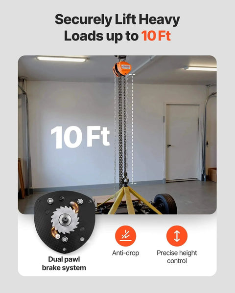 Hand Chain Hoist 1100 Lb Capacity Half Ton With 10 Ft Lift Galvanized G80 Chain in garage with dual pawl brake system close-up.