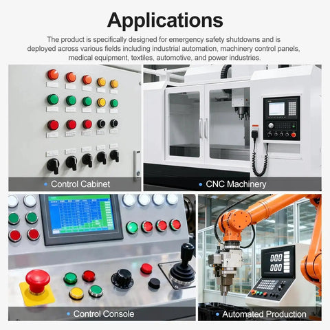 Applications of Emergency Stop Push Button Switch on control panels for industrial automation, machinery control, CNC, and robotics.