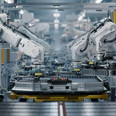 Industrial robotic arms in a factory assembly line for precision manufacturing and automation of mechanical components.
