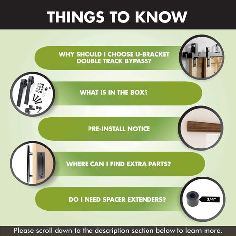 Information guide for Black Rustic U Shape Bypass Sliding Barn Door Hardware Kit For Double Doors 7.5ft Flat Track.