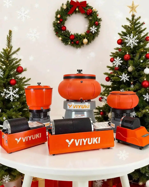9Lbs Vibratory Tumbler Polishing Machine For Rocks And Metal Parts With 3Lb Walnut Shell Media set on a white table, holiday decor backdrop