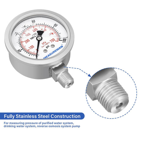 MeasureMan stainless steel pressure gauge, 2.5 inch dial, 0-100 psi, glycerin-filled, 1/4 NPT lower mount