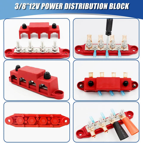 Get Your Rig Powered Up With A 250 Amp Three Eighths Inch Power Distribution Block Featuring Four Studs A Heavy Duty Busbar Terminal Block For Automotive And Marine Use Includes Cover For Positive And Negative showing different angles