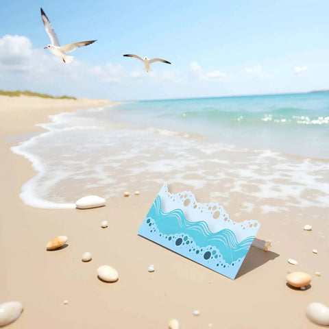Beach Wave Metal Cutting Dies Set For Scrapbooking And Card Making, Summer Stencil And Embossing Templates on sandy beach with seagulls.