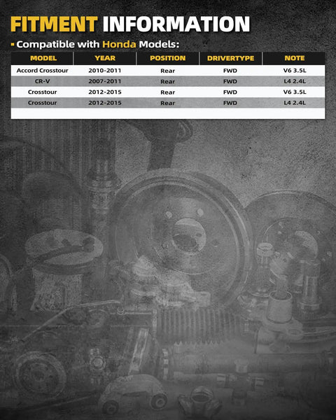 Fitment chart for Rear Wheel Bearing Hub Assembly Five Lug Compatible With Honda Accord Crosstour 2010 2011 CR V 2007 2010 Crosstour 2012 2015 Non ABS FWD Beefed Up Replacement Hub For Rear Left And Right