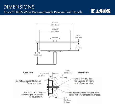 Diagram of Wide Recessed Inside Release Handle with dimensions, model 10486A00600, showing installation details for 56 and 5656 latches.