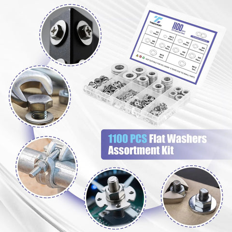 Flat washers assortment kit, 1100 pcs, 304 stainless steel metric washers M2–M12, 9 sizes in clear organizer box