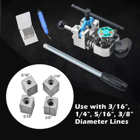Pro Grade Brake Line Flaring Tool Kit with 37 and 45 degree flare sets for 3/16, 1/4, 5/16, 3/8 inch tubing, bubble and double flare options