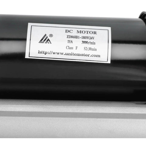 DC motor label on black housing showing model ZD068B1-180W24V, 11A, 3000 r/min