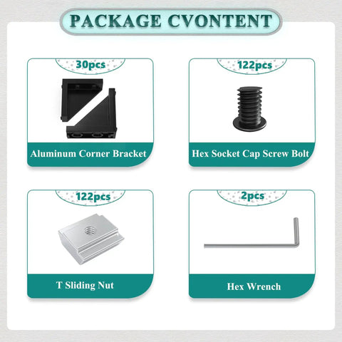 2040 Aluminum Extrusion Connector Kit For 20x20mm Frames With 30 Black Corner Brackets 122 M5 T Nuts 122 Screws And 2 Wrenches package content