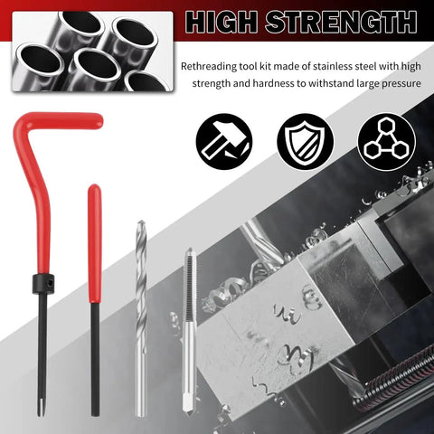 Pro Grade M5x0.8 Stainless Steel Thread Repair Kit DIY Rethreading Tool With Twist Drill, tap, handles, and metal insert close-up