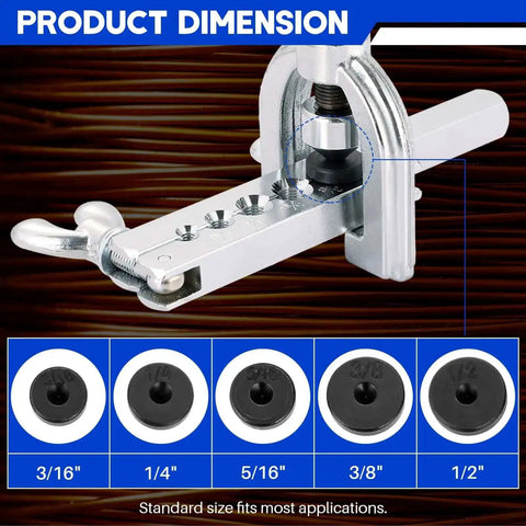 All In One Brake Line Flaring Tool Kit With Tubing Cutter For Copper Aluminum Brass Magnesium And Soft Steel Includes Five Flaring Dies For Three Sixteenths To One Half Inch And A Yoke For 45 Degree Flare Repairs dimensions and dies