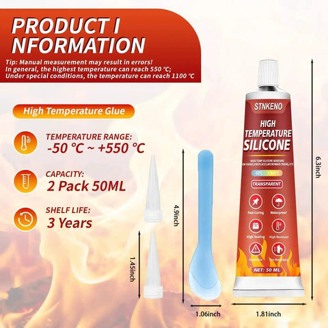 Product packaging of High Temp Silicone Sealant Adhesive for Ovens Fireplaces and Microwaves, showing tube and details.