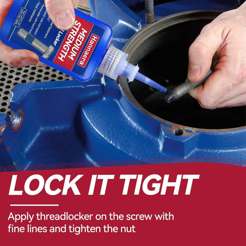 Blue And Red Thread Locker Set With Medium Blue And High Red Strength Removable And Permanent Thread Locker For Nuts Bolts Fasteners And Metals Prevents Loosening And Leakage It Includes Two 50 Ml Bottles For Complete Vibration Seal in use on metal machinery