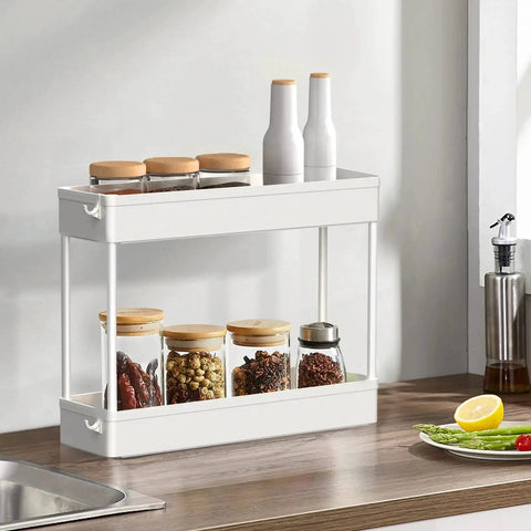 Slim 4 Tier Storage Cart With Rolling Wheels And Narrow Profile for kitchen spices on countertop; white compact storage; ideal for tight gaps.