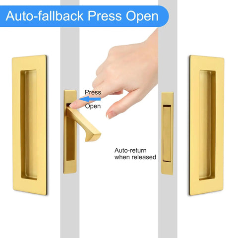 Sliding Pocket Door Handles 304 Stainless Steel Non Locking Pocket Door Hardware Recessed Flush Finger Pull Edge Pull Heavy Duty 6 Inch Satin Brass Finish Set for Smooth Gliding Doors with Rust Resistant Construction, side view with finger opening handle.