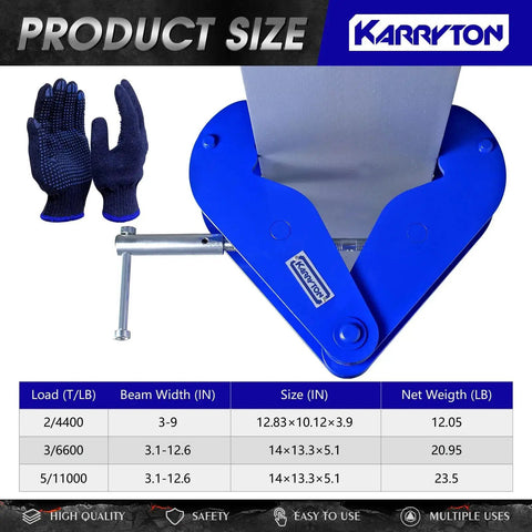 Top view of blue 5 Ton I Beam Clamp For Lifting Rigging 3.1 To 12.6 Inch Flange Beams, near protective gloves