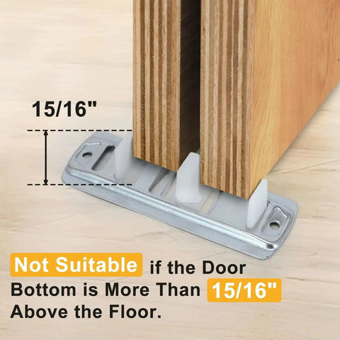 Close-up of 8 Pcs Sliding Closet Door Floor Guide Set Bypass Bottom Guide Adjustable Floor Guide in stamped steel installed on wooden door, showing 15/16" clearance.