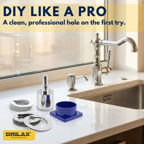 1-3/8 Inch Diamond Hole Saw Kit With Water Delivery And Guide For Granite And Quartz Countertops Ceramic Porcelain And Glass Tile Drill Bit Heavy Duty 3/8 Inch Shank Beast Mode Drilax displayed on a countertop next to a sink faucet.