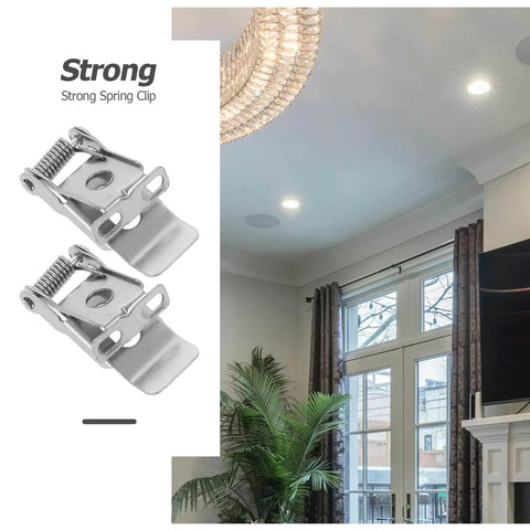 10 Pack Downlight Retaining Clips and Retrofit Light Securing Clamps for Recessed Fixtures shown with ceiling installation