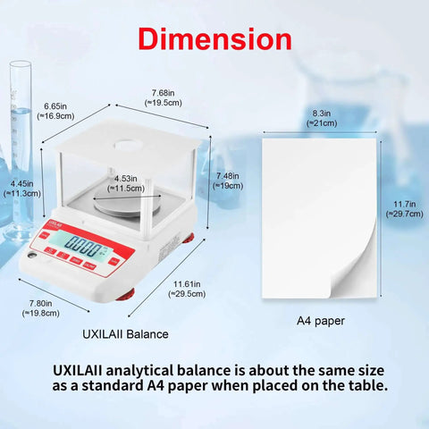 Analytical Balance 100g x 0.001g Precision Lab Scale With RS232 LCD, size comparison with A4 paper, dimensions labeled.