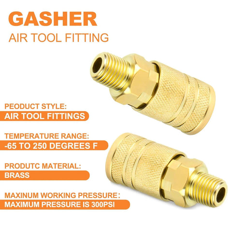 Heavy Duty 12 Piece One Quarter Inch NPT Male Quick Connect Air Couplers Set Steel Construction, brass body, side view