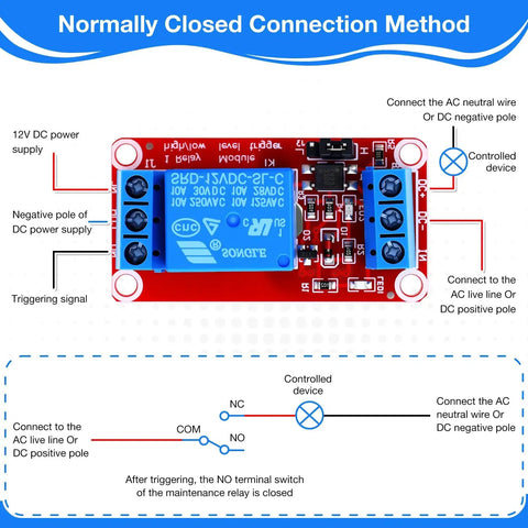 12V DC Relay Module with Optocoupler Isolation diagram for Normally Closed connection method, showing wiring and power supply points.