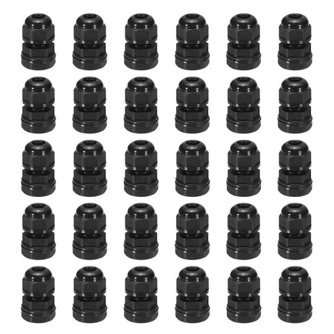 30 Pcs PG7 Cable Glands Adjustable 3-6.5mm PA6 Nylon IP68 Waterproof Connectors Black