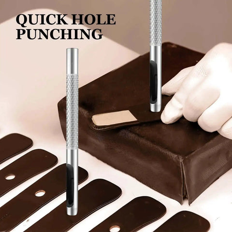 6 Piece Hollow Leather Hole Punch Set With 1.5mm To 4mm Sizes in use, pro grade carbon steel tool punching holes in leather