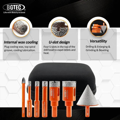 Diamond Core Drill Bit Kit For Tile And Porcelain, 8pc Go-To Triangle Shank Hole Saw Set with protective case view