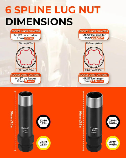 6 Spline Lug Nut Dimensions Chart with Socket Sizes for Two Piece Six Spline Lug Nut Socket Set For Quick Install And Easy Removal