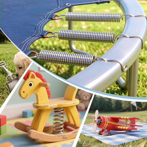 PPFEITOU 12pcs stainless extension springs with hooks, 6.5in springs shown on trampoline, rocking horse, plane