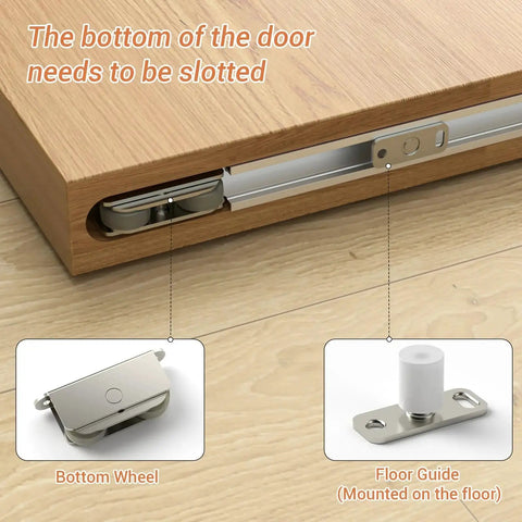 Close-up of 32 Inch Concealed Sliding Barn Door Hardware Kit with Two Soft Close Mechanisms showing bottom wheel and floor guide