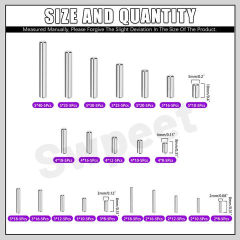 Size chart of Stainless Steel Dowel Pin Kit 110 Piece Set M2 M3 M4 M5 304 Grade for furniture assembly and maintenance.