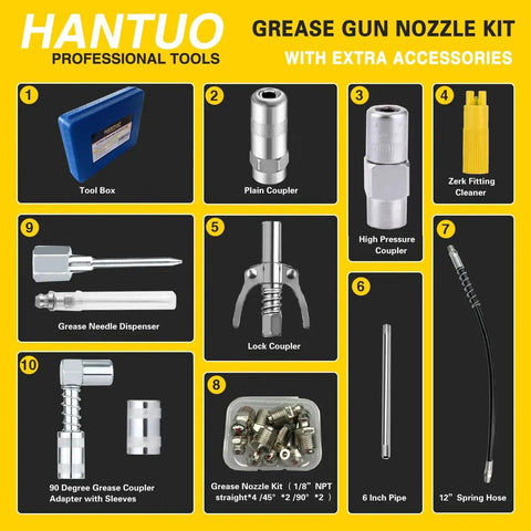 All In One 17 Piece Grease Gun Accessory Kit With Quick Connect Coupler 90 Degree Adapter 12 Inch Spring Flex Hose Zerk