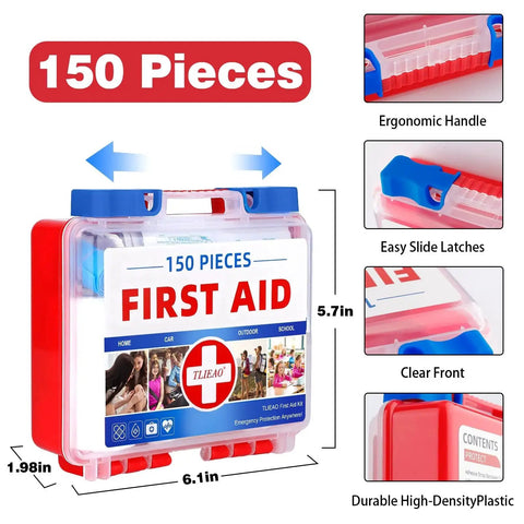 All In One 150 Piece Emergency First Aid Kit For Home Car Travel Camping Hiking Sports Office And Vehicle Use With Bandages Antiseptic Wipes Tourniquet Tweezers Gloves Scissors And More Go To Gear, compact hard case size and features