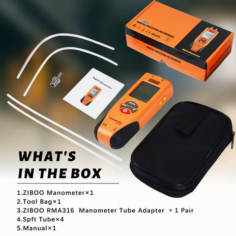 ZIBOO ET1013 digital manometer, orange handheld gauge with large backlit LCD, dual ports, tubes, and carry case