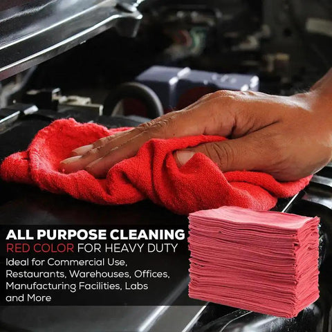 Premium Cotton Shop Towels 14x12 Inches 90-Count Reusable Cleaning Rags For Auto, Garage, Home And Industry Absorbent Grease Oil Spill Cleanup With Premium Recycled Fibers Red being used to clean engine area