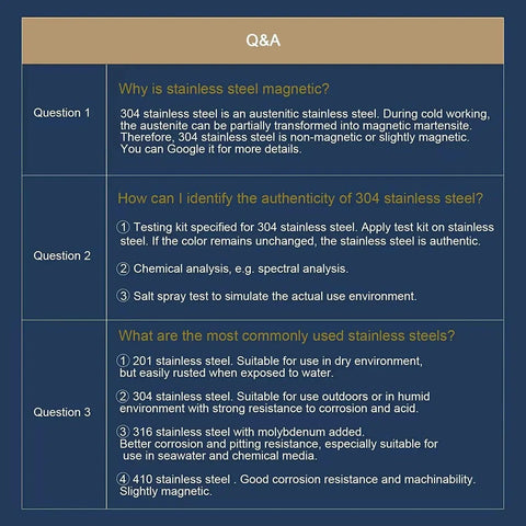 Informational graphic about stainless steel properties, including Q&A on 304 and 410 stainless steel, their uses and authenticity tests.