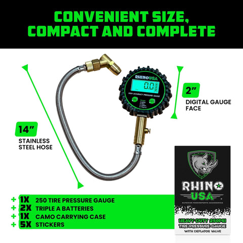 Rhino USA digital tire pressure gauge with 14-inch braided stainless steel hose and 2-inch digital face.