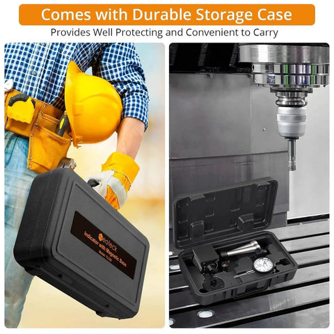 Dial Indicator Set With Magnetic Base Holder And Storage Case For Precision Measurement In 0 To 1 Inch Range 0.001 Inch Graduation 176 Lbs Max Pull For DIY 3D Printers Lathe CNC Machines And Woodworking Shops in a durable case shown.