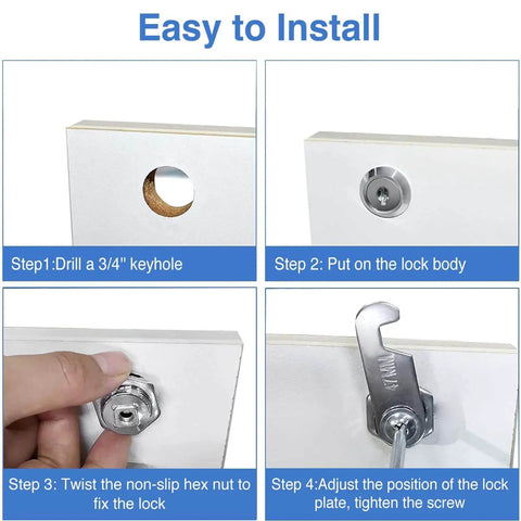 Installation guide for keyed alike cam lock set with a one and one eighth inch cylinder, fits panels up to nine tenths inch thick