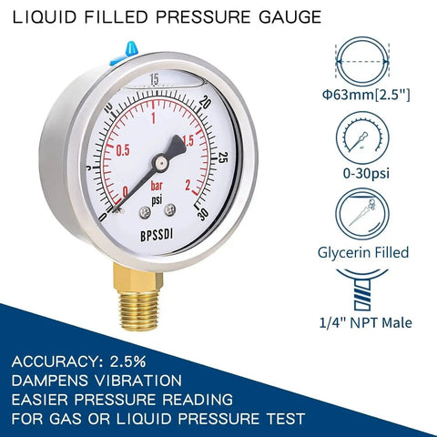 Glycerin Filled Low Pressure Gauge 0 To 30 Psi, 2.5 Inch Dial, Lower Mount One Quarter Inch NPT, 304 Stainless Steel Case