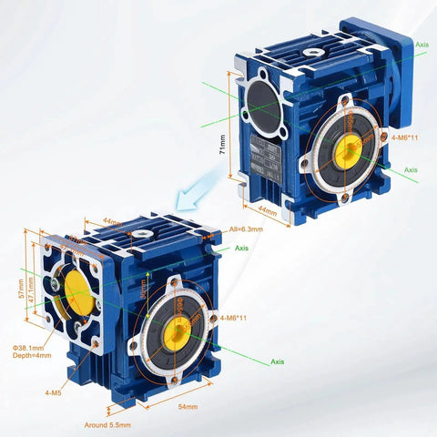 Diagram of High Torque NMRV030 Worm Gearbox with 80 to 1 reduction, 14 mm output shaft, blue housing for Nema24 stepper motors.