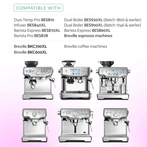 Six Breville espresso machines in silver stainless steel, front view.
