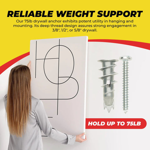 Person demonstrating Zinc Self Drilling Drywall Anchors Kit With Screws on wall; anchor and screw beside text "Hold Up to 75lb"